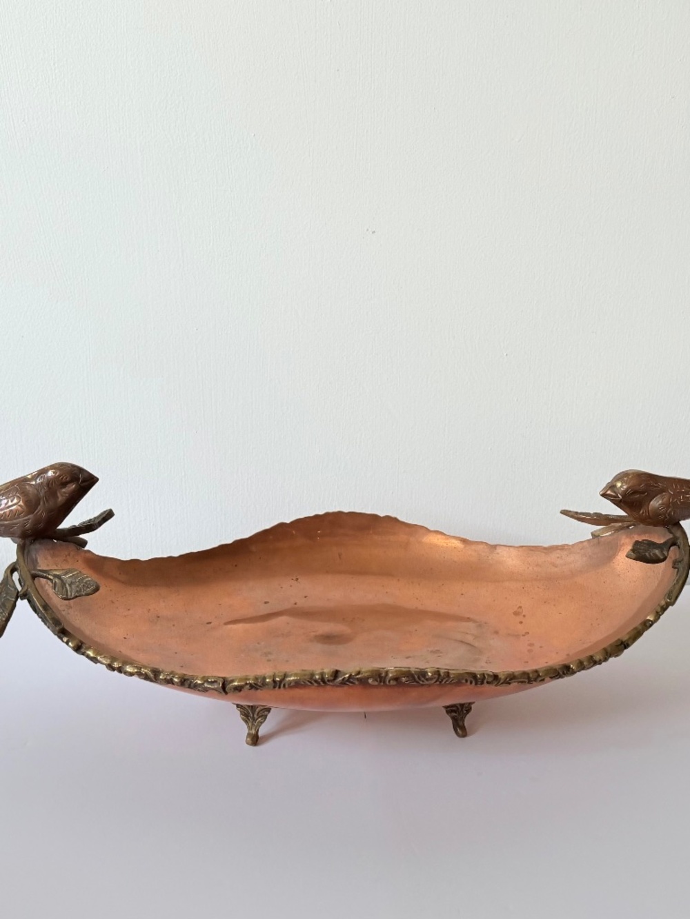 Vintage Copper and Brass Footed Tray Bowl Bird Handles Possibly made in Mexico
